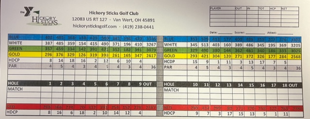Scorecard Hickory Sticks Golf Course